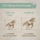Fütterungsempfehlungstabelle für Pferde: Die linke Seite zeigt die Fütterung für Fohlen und Ponys (3 x ½ Esslöffel), die rechte Seite für große Pferde (3 x 1 Esslöffel).