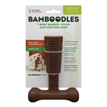 Bamboo and nylon dog chew toy in T-bone shape, labeled "Bamboodles," beef-flavored, medium size, promotes dental health and durability.