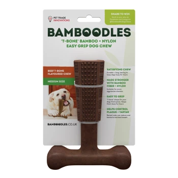 Bamboo and nylon dog chew toy in T-bone shape, labeled "Bamboodles," beef-flavored, medium size, promotes dental health and durability.
