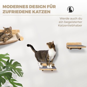 Eine getigerte Katze auf einem Regal und eine andere in einer Hängematte, mit Text: "Modernes Design für zufriedene Katzen" und "Werde ein Katzenliebhaber."