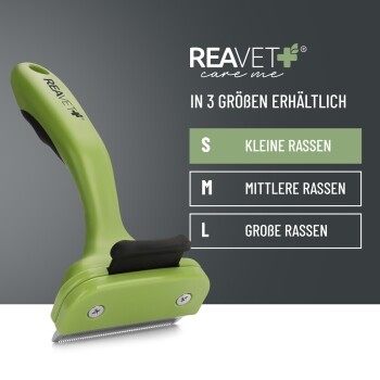 Grünes Haustierpflegewerkzeug mit einem bequemen Griff, beschriftet für kleine, mittlere und große Rassen auf Deutsch.