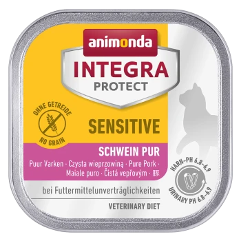 Dosenfutter für Hunde mit der Bezeichnung "Animonda Integra Protect Sensitive" in einem gelb-lila Design, das die Texte "Keine Körner" und "Reines Schweinefleisch" aufweist.