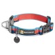 Buntes Hundehalsband von Ruffwear mit einem blau-roten Design, verstellbarer Schnalle und einem Metall-D-Ring zur Leinenbefestigung.