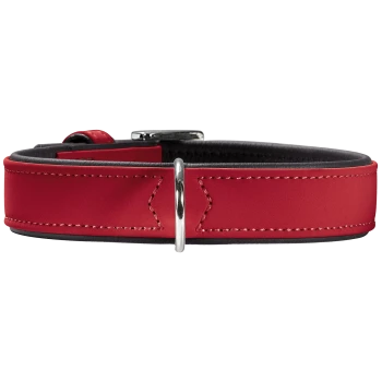Rotes Lederhalsband mit roter Ziernaht, schwarzer, gepolsterter Innenfütterung und silbernem D-Ring sowie Schnalle, Vorderansicht.
