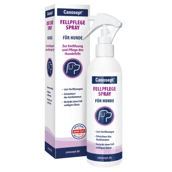 Canosept Fellpflege Spray für Hunde, weiße Sprühflasche und Verpackung mit Zerstäuber, lila Hunde-Logo und sichtbarem deutschen Produkttext.