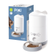 Intelligenter Futterspender für Katzen, mit einem weißen Design mit einem Katzenkopf, begleitet von einer Schüssel mit Trockenfutter für Katzen und einer blauen Box mit der Aufschrift "PiXi" von Catit.