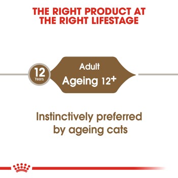 Adult cat food for ageing cats 12+, labeled as instinctively preferred by ageing cats.
