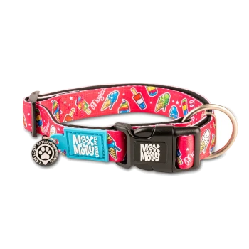 Rotes Haustierhalsband mit Eis- und Popsicle-Muster, schwarzer Schnalle mit Aufschrift "Max & Molly" und blauem Anhänger mit der Aufschrift "Max & Molly Urban Pets."