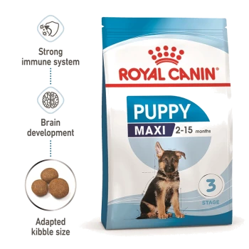 Royal Canin Puppy Maxi dog food bag for 2-15 month puppies, highlighting benefits for immunity, brain development, and kibble size.