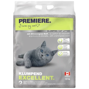 Excellent citroengras klonterstrooisel 12 kg Verpakking van klonterende kattenbakvulling met een grijze kat, gelabeld 'PREMIERE. I love my cat,' met een citroengrasgeur en 12 kg gewicht.