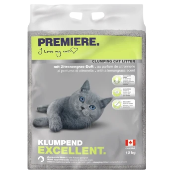 Verpakking van klonterende kattenbakvulling met een grijze kat, gelabeld 'PREMIERE. I love my cat,' met een citroengrasgeur en 12 kg gewicht.
