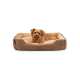 Ein gemütliches Hundebett in Braun und Beige, mit einem kleinen Hund, der sich bequem darin ausruht.