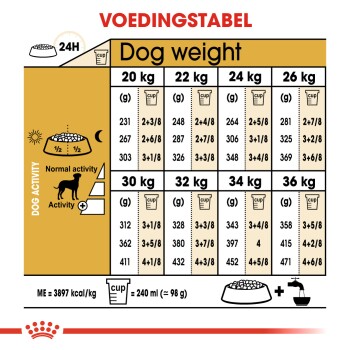 Voedingsschema voor honden met aanbevolen dagelijkse hoeveelheden voedsel op basis van gewicht (20-36 kg) en activiteitsniveau, met metingen in grammen en kopjes.