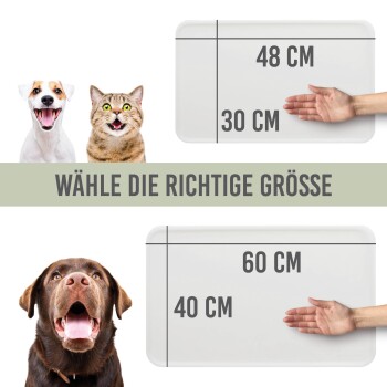 Ein glücklicher Hund und eine Katze mit Größenoptionen für Haustierprodukte: 48x30 cm und 60x40 cm, mit dem Text "WÄHLE DIE RICHTIGE GRÖSSE."