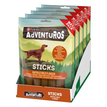 Purina AdVENTuROS Sticks Hundesnacks, Buffalo Wild Flavour Maxi-Pack im Displaykarton.