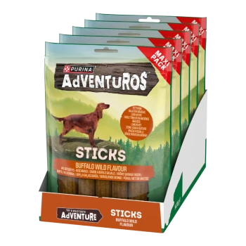 Purina AdVENTuROS Sticks Hundesnacks, Buffalo Wild Flavour Maxi-Pack im Displaykarton.