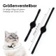 Eine getigerte Katze mit einem orangefarbenen Halsband sitzt auf einem Stein neben einem gelben Blatt, mit dem Text "Neon Farben" und "Nachts gut zu sehen."
