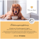Ein Golden Retriever sitzt neben einer weißen Schüssel mit dem Text: "1 Tablette pro 10 kg täglich" und "Inhalt: 120 Tabletten." Natürliche Zutaten betont.