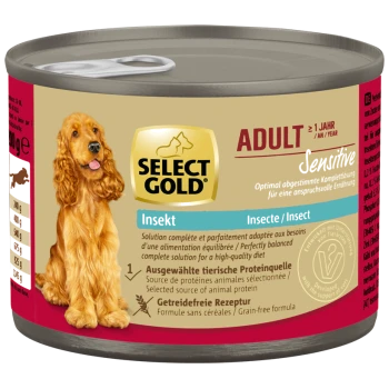 Select Gold Adult Sensitive Hundenahrung in Dose mit Insektenprotein, getreidefreier Formel und Bild eines Golden Retrievers.