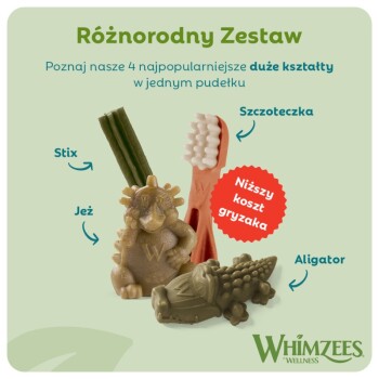 Zestaw przysmaków Whimzees: 4 kształty Stix, Jeż, Szczoteczka, Aligator; teksty "Różnorodny Zestaw" i "Niższy koszt gryzaka".