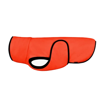 Helle orangefarbene Hundejacke mit schwarzem Rand, mit einem Loch für den Kopf des Hundes und einer engen Passform für Wärme.