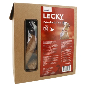 Emballage des friandises pour chiens "Lecky Extra-hard n° 63", montrant un chien sur le devant et des informations nutritionnelles au dos.