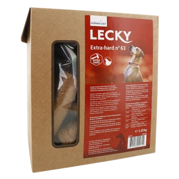 Verpackung von "Lecky Extra-hart Nr. 63" Hundeleckerlis, die einen Hund auf der Vorderseite und Nährwertinformationen auf der Rückseite zeigt.
