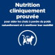 Publicité bleue avec texte français « Nutrition cliniquement prouvée » et icône blanche d'un chat entouré d'un mètre ruban.