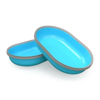 Deux bols pour animaux bleus avec des bords gris, empilés l'un sur l'autre, montrant un design élégant et moderne.