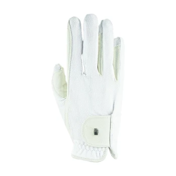 Weißer Tierpflegehandschuh mit einem Netzdesign und einem sicheren Handgelenkband, ideal zum Bürsten und Enthaaren von Haustieren.