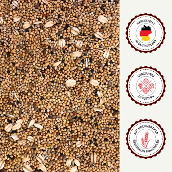 Nahaufnahme von gemischtem Vogelfutter mit deutschen Textabzeichen „Hergestellt in Deutschland“, „Ganzjährig füttern“ und „Aus hochwertigen regionalen Rohstoffen“.