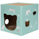 Lichtblauw kattenhuis met kattenvormige ingang, speelse kattenillustraties, pootafdrukken en tekst "AniOne" en "Miao" op de zijkanten.