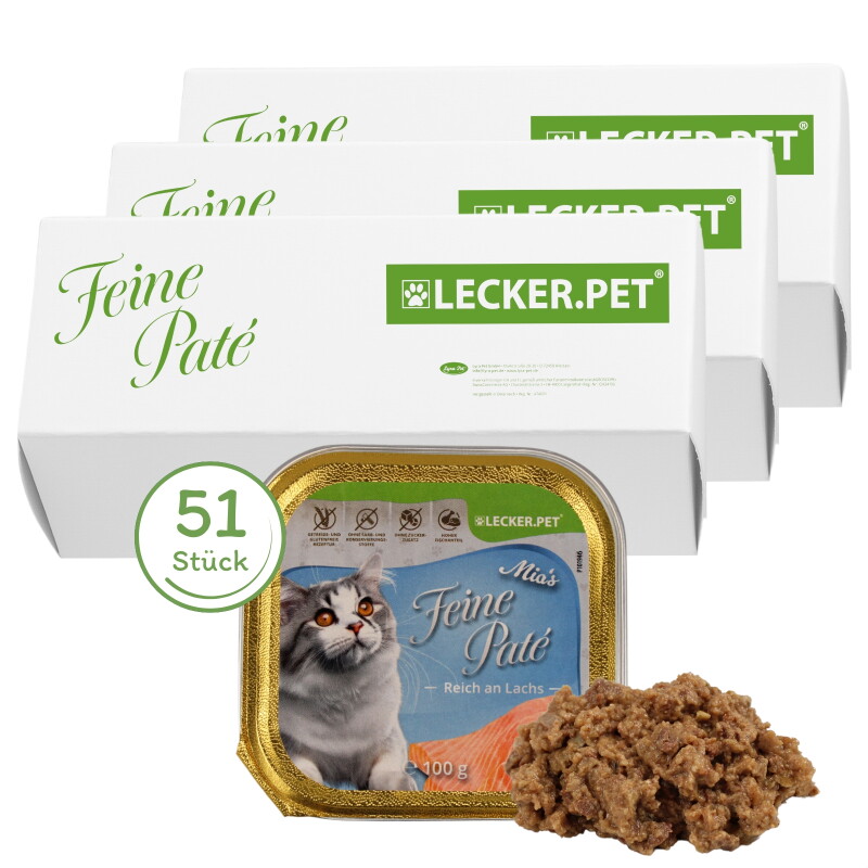 Lyra Pet Lecker.Pet Mia's Feine Paté Reich an Lachs Katzenfutter Nassfutter Vollnahrung 51x100 g
