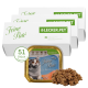 Drei Schachteln "Feine Paté" Katzenfutter von LECKER.PET, mit einem 100g Tablett mit einem Katzenbild und einer Portion Paté. 51 Stück.