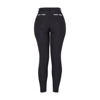 Schwarze Sportleggings mit hohem Bund, ausgestattet mit Mesh-Einsätzen und zwei hinteren Taschen mit dekorativen Streifen.
