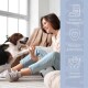 Frau mit Hund, der die Pfote gibt; rechte Spalte mit Symbolen und Text: Alkohol- & parabenfrei, pflanzlich & natürlich, höchste Qualität.