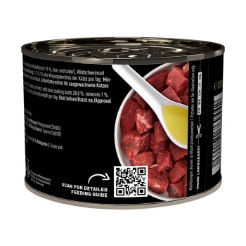 Dose Nassfutter für Katzen mit Wildschweinfleischstücken und Brühe, mit QR-Code und Text „Scannen für detaillierten Fütterungsleitfaden“.