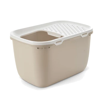 Beige Kunststoff-Katzenstreu-Box mit weißem perforiertem Deckel, für einfache Reinigung konzipiert.
