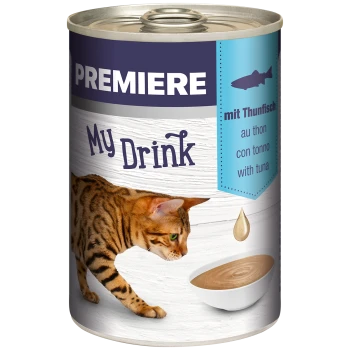 Cat food can featuring a Bengal cat sniffing a bowl of tuna drink, labeled "PREMIERE My Drink" with text in multiple languages.