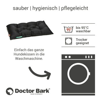 Schwarzes Hundebett mit Waschhinweisen auf Deutsch, waschbar bis 95°C, trocknergeeignet, Doctor Bark-Logo.