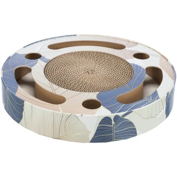 Kratztrommel mit Spielzeug Runder Katzenkratzpad mit floralem Design, mit einer zentralen gewellten Oberfläche und mehreren Löchern zum Spielen.