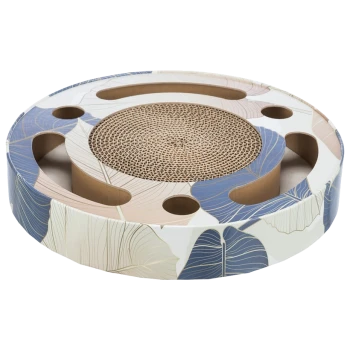 Runder Katzenkratzpad mit floralem Design, mit einer zentralen gewellten Oberfläche und mehreren Löchern zum Spielen.