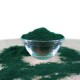 Eine klare Glasschüssel gefüllt mit grünem Spirulina-Pulver, umgeben von verstreutem Pulver auf einer hellen Oberfläche.