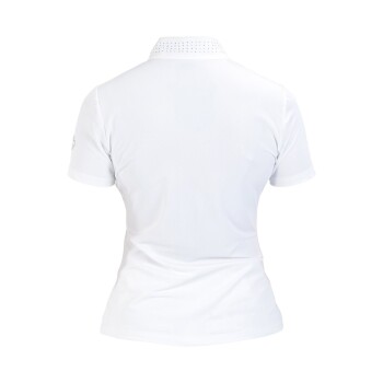 Rückansicht eines weißen Poloshirts mit einem besetzten Kragen und kurzen Ärmeln, entworfen für einen stilvollen Look.