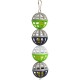 Colorful hanging pet toy featuring four spherical compartments in green, gray, and navy, each containing a small yellow ball.