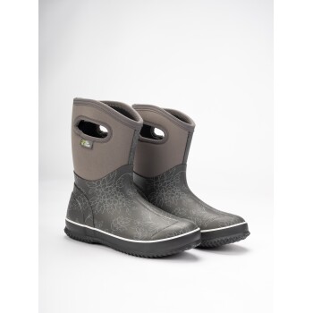 Graue, blumenmusterte Haustierstiefel mit weichem Oberteil, mit seitlichen Griffen für einfaches Anziehen, auf einem weißen Hintergrund präsentiert.