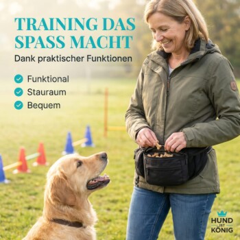 Eine Frau in einer weißen Bluse und Jeans führt einen schwarz-weißen Hund an der Leine in einem sonnigen Park, während sie einen Tennisball und eine Tüte hält.