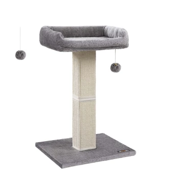Grauer Katzenbaum mit einer plüschigen oberen Liegefläche und zwei hängenden Pompons zum Spielen. Die Basis ist mit weichem grauem Stoff bezogen.