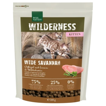 "Wilderness Kitten" pet food bag with two playful kittens, 75% poultry, 25% fruits/veggies, 0% grains, 300g weight.