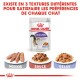 Pochette de nourriture pour chats Royal Canin Stérilisé, présentant trois textures : mousse, sauce et gelée, avec une image de chat et un poids de 85g.